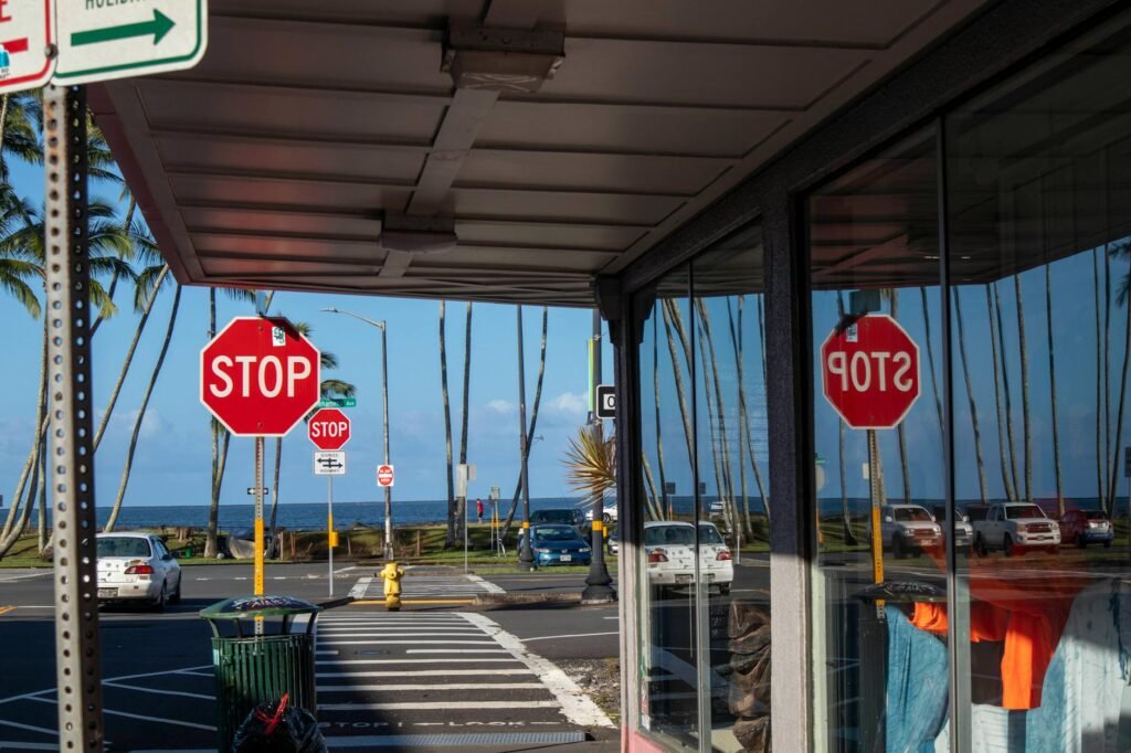 View from covered walkway at Hilo port showing stop signs, crosswalk, parked cars, and ocean horizon with palm trees.