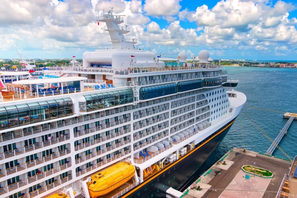 Large modern cruise ship docked at Bridgetown port with multiple passenger decks and yellow lifeboat visible.