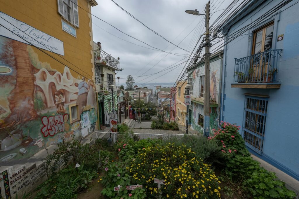 Colorful hillside street in Valparaíso with yellow flowers, colonial buildings, and street art against cloudy sky.