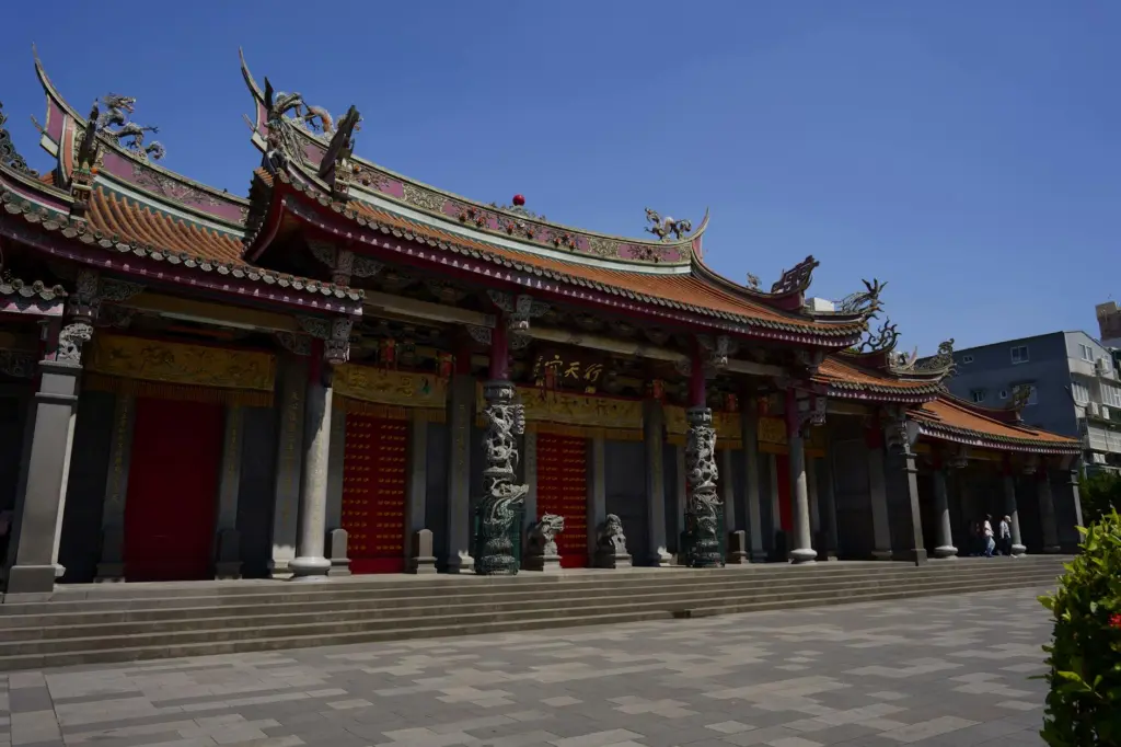 Traditional Chinese temple with ornate curved roofs, red doors, and decorative dragons under clear blue sky.