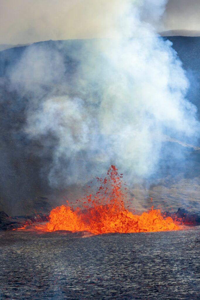 dramatic volcanic eruption with lava flow