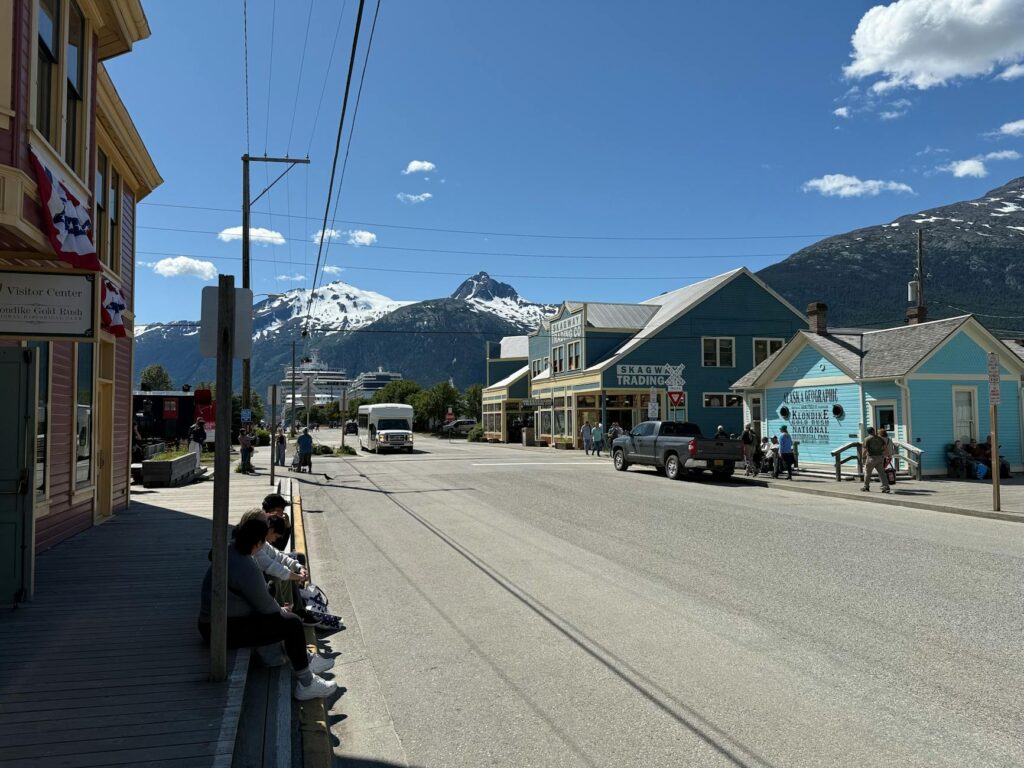 scenic skagway street with mountain backdrop